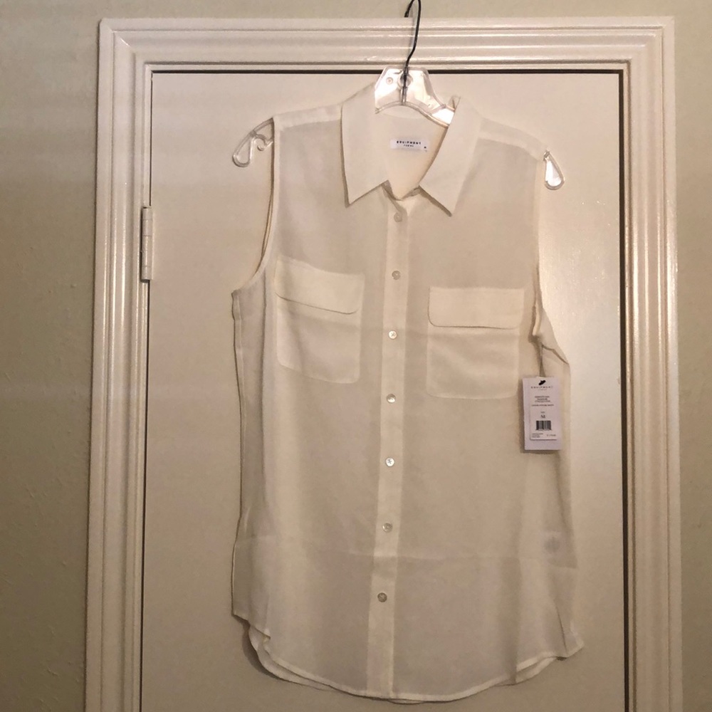 Equipment Sleeveless white button up top
